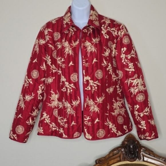 Carole Little Women's 100% Silk Quilted Jacket Blazer Large Red Classic Career - Picture 1 of 8